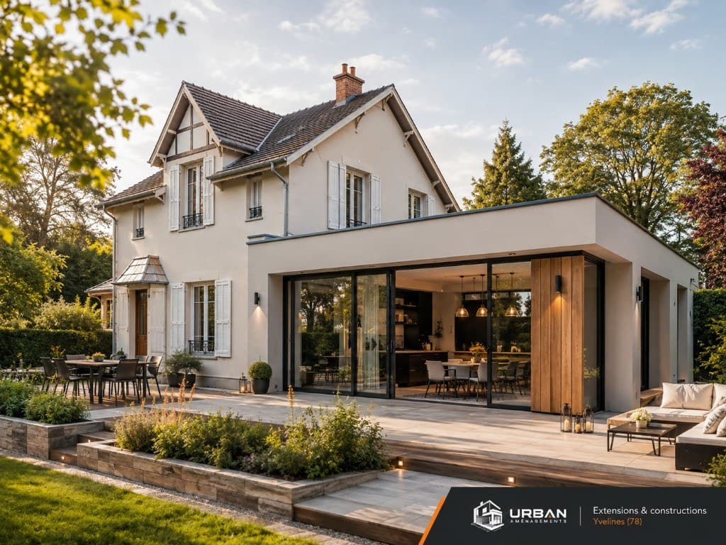 Extension contemporaine avec baie vitrée et terrasse — Urban Aménagements, Yvelines